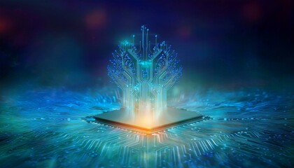 Consumer future and technology concepts: Quantum computing concept, glowing circuits and particles.