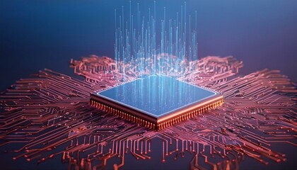 Consumer future and technology concepts: Quantum computing concept, glowing circuits and particles.