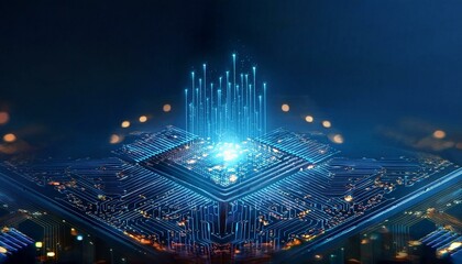 Consumer future and technology concepts: Quantum computing concept, glowing circuits and particles.