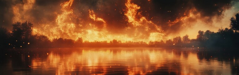 Poster - Flame-filled sky reflects on tranquil water creating a stunning natural spectacle at dusk