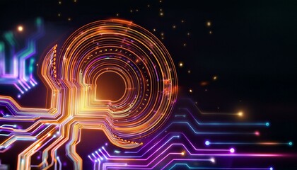 Consumer future and technology concepts: Quantum computing concept, glowing circuits and particles.