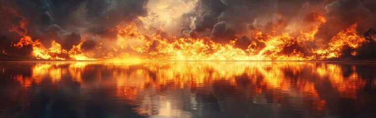 Poster - Flame-filled sky reflecting on tranquil water at dusk during a dramatic sunset