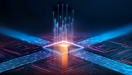 Consumer future and technology concepts: Quantum computing concept, glowing circuits and particles.