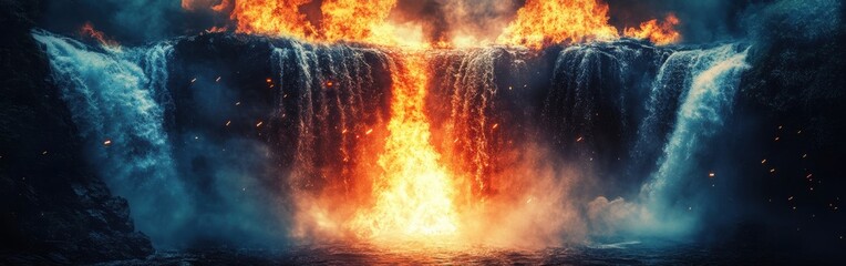 Poster - Roaring waterfall blends with intense wildfire creating a striking and dramatic natural phenomenon