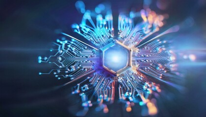 Consumer future and technology concepts: Quantum computing concept, glowing circuits and particles.