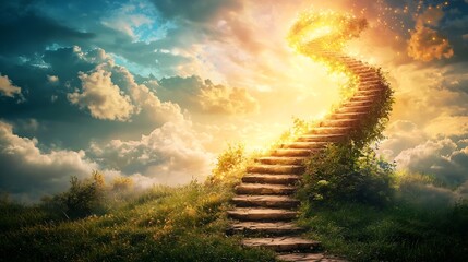 Poster - A captivating spiral staircase made of glowing light ascending towards a sky filled with golden ethereal clouds symbolizing the journey of finding and transcendence