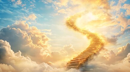 Poster - Glowing spiral staircase made of light ascending towards a sky filled with golden clouds symbolizing the transcendent journey of finding and spiritual enlightenment