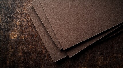 Poster - Dark brown textured paper sheets laid flat on a rustic wooden surface showcasing natural fibers and craftsmanship