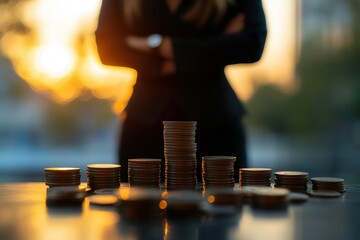Poster - A person stands confidently behind stacks of coins, with a sunset in the background, symbolizing wealth and financial success.
