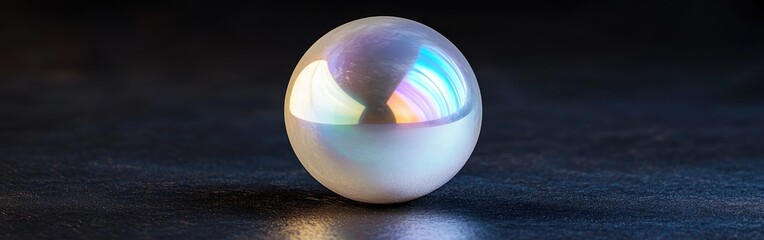 Poster - Polished pearl exhibiting iridescent sheen on a dark surface with colorful reflections