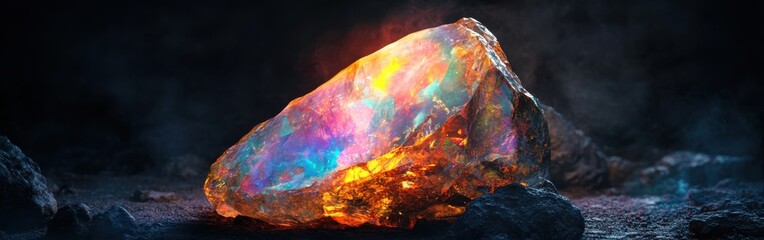 Poster - Polished opal displays vibrant colors and intricate patterns under soft lighting in a natural setting