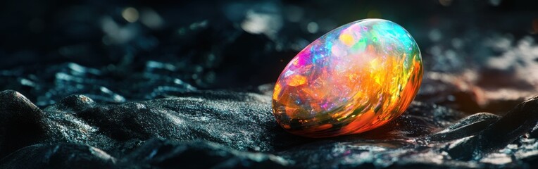 Poster - Polished opal reflecting vibrant colors on a dark surface in a natural setting