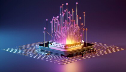 Consumer future and technology concepts: Quantum computing concept, glowing circuits and particles.