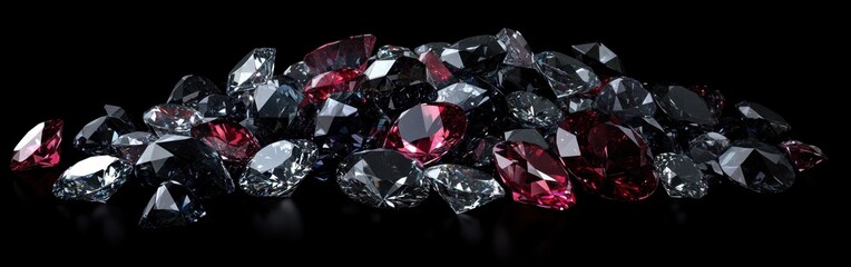 Poster - Shimmering pile of diamonds and rubies reflecting light in an elegant display on a black background