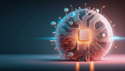Consumer future and technology concepts: Quantum computing concept, glowing circuits and particles.