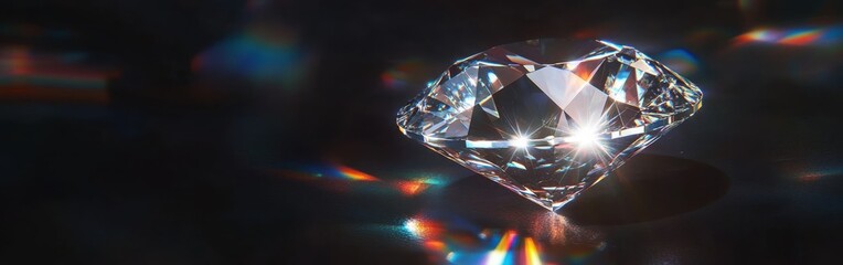 Poster - Perfectly cut diamond reflecting light on a dark background with colorful sparkles