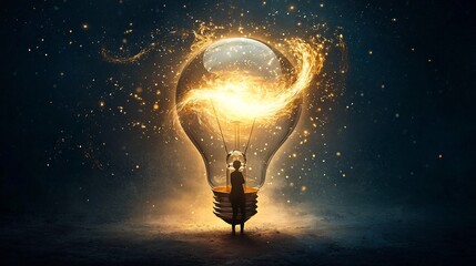 Poster - A person standing inside a giant glowing light bulb surrounded by swirling golden energy symbolizing being immersed in the enlightenment