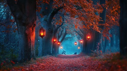 Poster - Mystical woodland path illuminated by lanterns and covered in autumn leaves during twilight