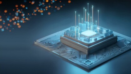 Consumer future and technology concepts: Quantum computing concept, glowing circuits and particles.