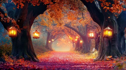 Poster - Mystical woodland path illuminated by lanterns along a colorful autumn trail