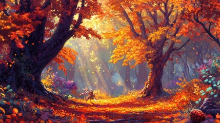 Poster - Mystical autumn forest with vibrant foliage and sunlight filtering through trees