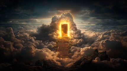 Poster - Glowing golden staircase of light floating in the clouds leading towards a radiant glowing doorway   a symbolic representation of as a transformative path to new opportunities and possibilities