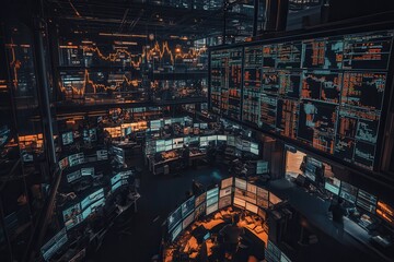 Fototapete - A futuristic control room filled with screens displaying data, graphs, and glowing interfaces, creating a high-tech, immersive environment.
