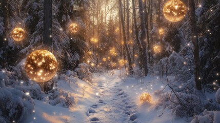 Poster - Magical forest path winding through towering trees adorned with glowing orbs during twilight
