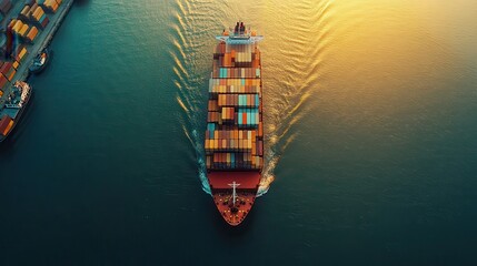 Poster - A cargo ship navigates through calm waters, surrounded by containers, showcasing maritime transport and trade at sunset.