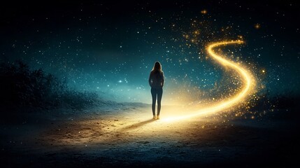 Poster - Person Standing at a Glowing Golden Path Fork with Faint Trails Branching in Different Directions Symbolizing the Concept of Decision Making Planning and Exploring Future Opportunities