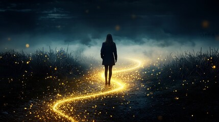 Poster - A person standing at a fork in a glowing golden path with faint trails branching in different directions symbolizing the concept of decision making planning