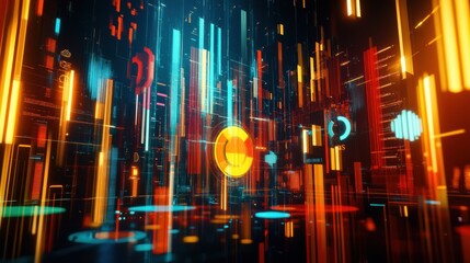 Leinwandbilder - Futuristic abstract design featuring vibrant colors and dynamic shapes in a digital landscape