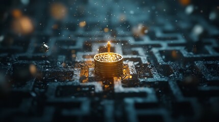 Poster - Ethereal glowing maze with a golden figure carefully tracing the illuminated path to the exit symbolizing the process of planning problem solving