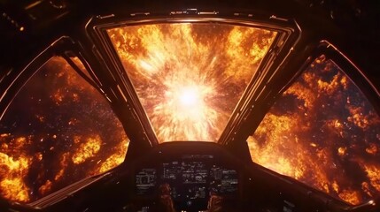 Poster - Spectacular depiction of a supernova explosion from a spaceship cockpit view in deep space