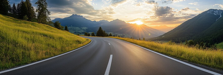 Poster - A beautiful rural landscape with the sunset over an asphalt road winding through green meadows. Sunset panorama.