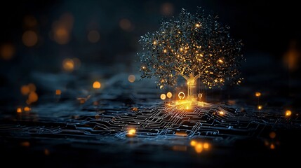 Poster - Glowing abstract tree with branches arranged in a flowchart design representing the systematic planning growth and digital transformation processes  The luminous