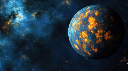 Poster - Dramatic exoplanet with vibrant colors set against a cosmic backdrop of stars and nebulae