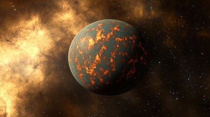 Poster - Dramatic view of an exoplanet surrounded by fiery clouds in a distant galaxy