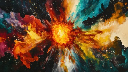 Poster - Dramatic supernova explosion radiating vivid colors in a cosmic setting during an unknown time in the universe