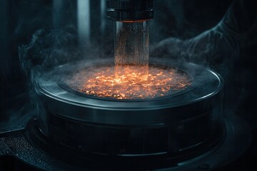Aufkleber - A close-up view of molten metal being processed, surrounded by steam, highlighting the intricate details of manufacturing and metallurgy.