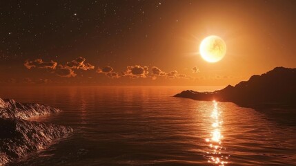 Poster - Exploring a distant exoplanet with a vibrant sunset, shimmering waters, and potential signs of alien life