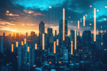 Aufkleber - A vibrant city skyline at sunset, overlaid with data visualizations, symbolizing finance, technology, and urban growth.
