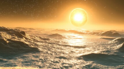 Poster - Close-up view of an exoplanet's surface illuminated by a distant sun, showcasing its unique landscape and atmospheric conditions