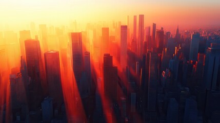 Poster - A stunning cityscape at sunset, with skyscrapers bathed in warm hues, creating an atmospheric and serene urban view.