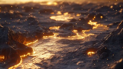 Poster - Close-up view of a distant exoplanet showcasing luminous lava rivers during twilight