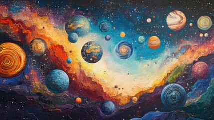 Poster - Colorful celestial depiction of planets and galaxies in a vibrant cosmic landscape