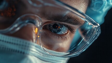 Aufkleber - A close-up view of a person's eye, partially obscured by protective gear, showcasing focus and intensity in a medical or scientific context.
