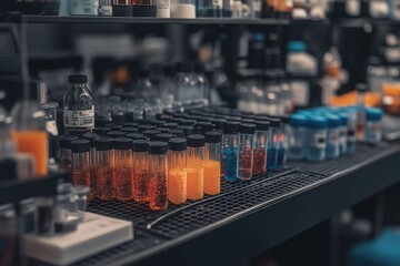Poster - A laboratory scene featuring a variety of colorful liquids in test tubes and containers on a shelf, showcasing scientific experimentation and research.