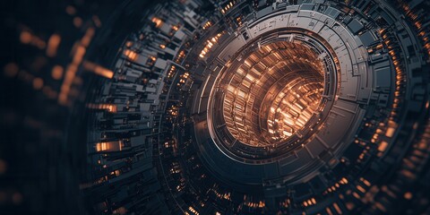 Aufkleber - A futuristic, circular structure with glowing lights, creating a captivating, tech-inspired atmosphere.