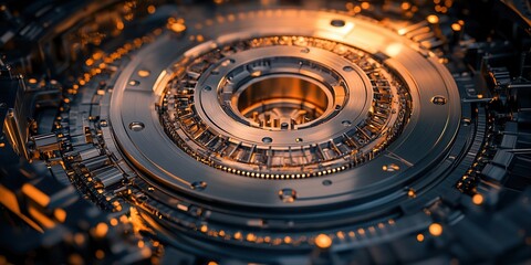 Aufkleber - A detailed close-up of a futuristic, metallic circular structure with intricate patterns and glowing elements, suggesting advanced technology.